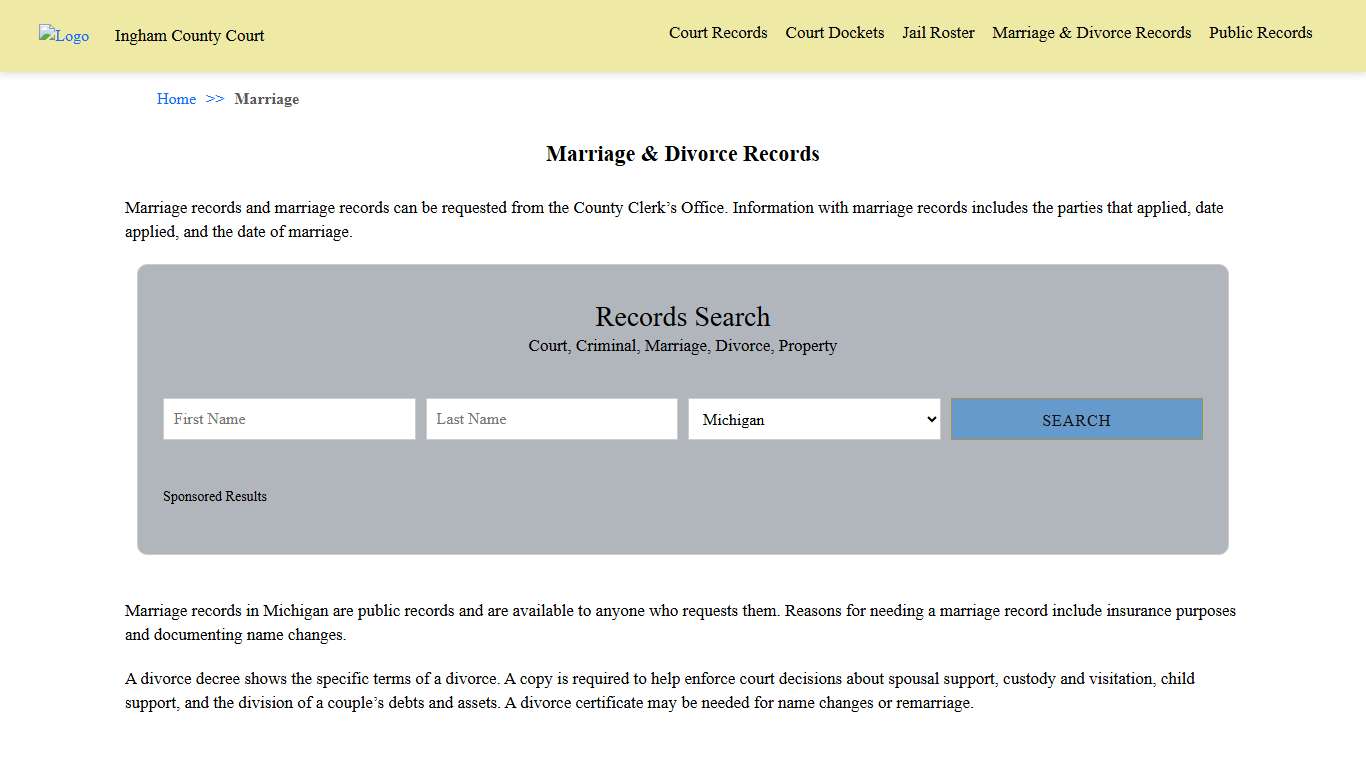 Marriage & Divorce Records Ingham County Court